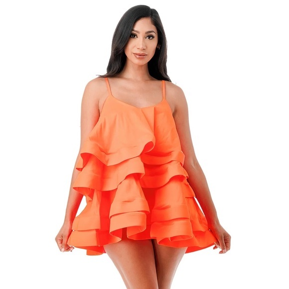 Vibrant Orange Ruffled Mini Dress - Picture 1 of 8